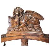 LR - Antique Carved Wood Corner Chair with Winged Lion Detail and Embroidered Seat
