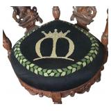 LR - Antique Carved Wood Corner Chair with Winged Lion Detail and Embroidered Seat