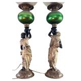 LR - Pair of Antique Blackamoor Figural Lamps with Green Glass Globe Accents