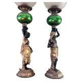 LR - Pair of Antique Blackamoor Figural Lamps with Green Glass Globe Accents