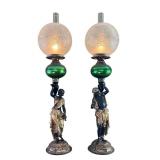 LR - Pair of Antique Blackamoor Figural Lamps with Green Glass Globe Accents