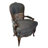 LR - Vintage Upholstered Accent Chair with Cane Back and Carved Wood Frame