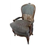 LR - Vintage Upholstered Accent Chair with Cane Back and Carved Wood Frame