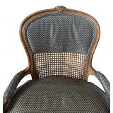 LR - Vintage Upholstered Accent Chair with Cane Back and Carved Wood Frame