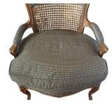 LR - Vintage Upholstered Accent Chair with Cane Back and Carved Wood Frame