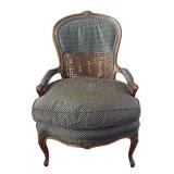 LR - Vintage Upholstered Accent Chair with Cane Back and Carved Wood Frame