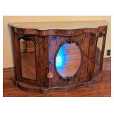 ML - Antique English Marble Top Mirrored Sideboard with Burl Wood Veneer