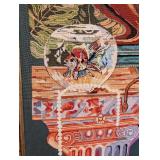 ML - Large Framed Needlepoint Art with Monkey, Butterfly, and Fish Bowl
