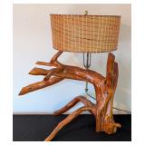 UL - Vintage Rustic Driftwood Table Lamp with Natural Wood Finish and Woven Shade