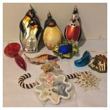 LL - Collection of 11 Assorted Christmas Ornaments Including Penguins and Glass Fish