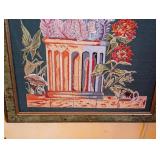 ML - Large Framed Needlepoint Art with Monkey, Butterfly, and Fish Bowl