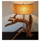 UL - Vintage Rustic Driftwood Table Lamp with Natural Wood Finish and Woven Shade