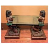 ML - Pair of Metal Egyptian Revival Pharaoh Sculptures / Egyptian Revival Metal Pharaoh Figurines Glass Top Coffee Table