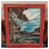 LL - Framed Stained Glass Panel with Landscape Scene