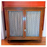 ML - Vintage Inlaid Wood Cabinet with Fabric Door Panels and Shelves