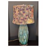 ML - Ceramic Table Lamp with Blue Woodgrain Texture and Peacock Feather Shade