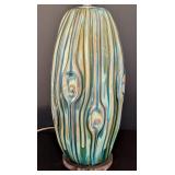 ML - Ceramic Table Lamp with Blue Woodgrain Texture and Peacock Feather Shade