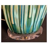 ML - Ceramic Table Lamp with Blue Woodgrain Texture and Peacock Feather Shade