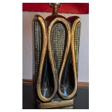 UL - Mid Century Modern Table Lamp with Red Shade and Black Gold Ceramic Base