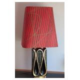 UL - Mid Century Modern Table Lamp with Red Shade and Black Gold Ceramic Base