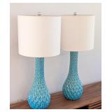 UL - Pair of Tall Teal Ceramic Table Lamps with Shades