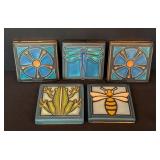 ML - Set of 5 Motawi Tileworks 4x4 Ceramic Art Tiles - Frog, Bee, Dragonfly, Geometric
