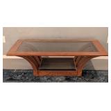 LL - Vintage Glass Top Coffee Table with Wood Base and Shelf