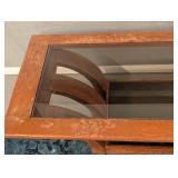 LL - Vintage Glass Top Coffee Table with Wood Base and Shelf