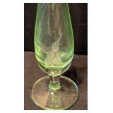 ML - Vintage Uranium Glass Bud Vase with Etched Floral Design, 8 Inch