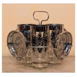 ML - Mid-Century Barware Set with 5 Silver-Rim Glasses, 6 Silver Coasters, and Wire Caddy