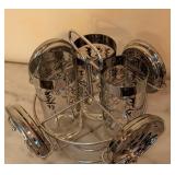 ML - Mid-Century Barware Set with 5 Silver-Rim Glasses, 6 Silver Coasters, and Wire Caddy