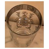 ML - Mid-Century Barware Set with 5 Silver-Rim Glasses, 6 Silver Coasters, and Wire Caddy