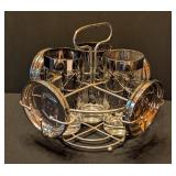 ML - Mid-Century Barware Set with 5 Silver-Rim Glasses, 6 Silver Coasters, and Wire Caddy