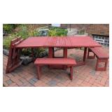 BY - Red Painted Wood Patio Table with Benches and Side Panels