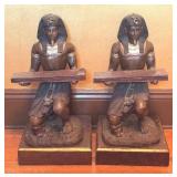 ML - Pair of Metal Egyptian Revival Pharaoh Sculptures / Egyptian Revival Metal Pharaoh Figurines Glass Top Coffee Table