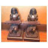ML - Pair of Metal Egyptian Revival Pharaoh Sculptures / Egyptian Revival Metal Pharaoh Figurines Glass Top Coffee Table