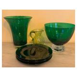 K - Green Blown Glass Tableware Set: 4 Luncheon Plates, 2 Vases, and Small Pitcher