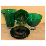 K - Green Blown Glass Tableware Set: 4 Luncheon Plates, 2 Vases, and Small Pitcher