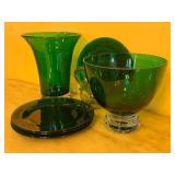 K - Green Blown Glass Tableware Set: 4 Luncheon Plates, 2 Vases, and Small Pitcher