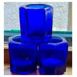 K - Set of 3 Cobalt Blue Glass Candle Holders, Hexagonal, 3 Inches Tall