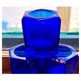 K - Set of 3 Cobalt Blue Glass Candle Holders, Hexagonal, 3 Inches Tall