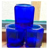 K - Set of 3 Cobalt Blue Glass Candle Holders, Hexagonal, 3 Inches Tall