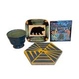 K - Set of 4 Decorative Pottery Pieces Including Planter, Bear Plate, Tile Art, and Hexagonal Trivet
