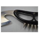 Unique Curved Blade Knife with Spiked Handle and Leather Sheath