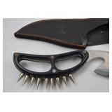 Unique Curved Blade Knife with Spiked Handle and Leather Sheath