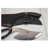 Unique Curved Blade Knife with Spiked Handle and Leather Sheath