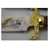 Collector Bowie Knife with Eagle Engraving, Gold Guard, and Sheath