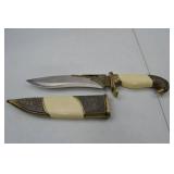 Decorative Fixed Blade Knife with Etched Brass Eagle Pommel and Sheath
