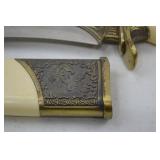 Decorative Fixed Blade Knife with Etched Brass Eagle Pommel and Sheath
