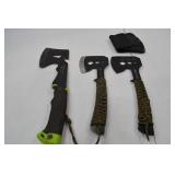 Hand tool lot: Gorilla Gear and Ozark Trail hatchets, multi-function axes